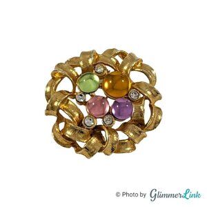 Vintage Pastel Multicolor Cabochons Gold Tone Ribbon Brooch